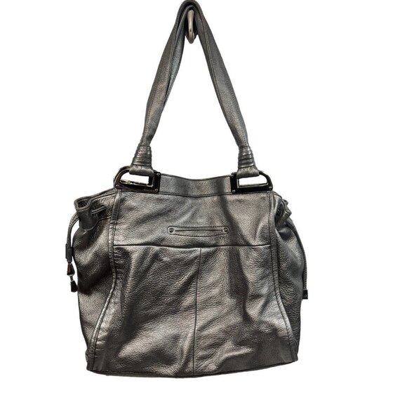 B. Makowsky Gunmetal Metallic Leather Zipper Tassels Tote Shoulder Bag $298 - Picture 7 of 7